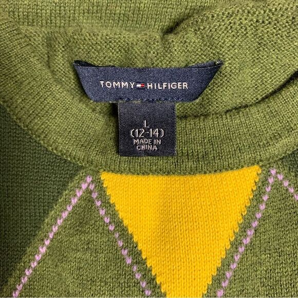Tommy Hilfiger Dress Girl 12-14 Green Knit Argyle Hooded Summer Tunic Top Prepoy - Picture 3 of 3